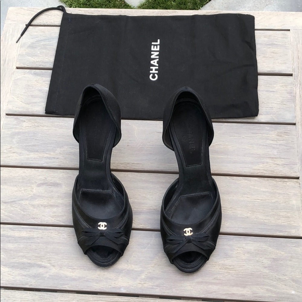 Chanel Black Satin Open Toe Pumps 37